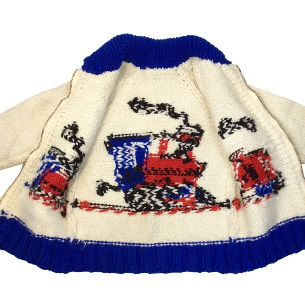Vintage 60s Hand Knit Child's Cardigan Zipper Full Zip Sweater Train Double Side